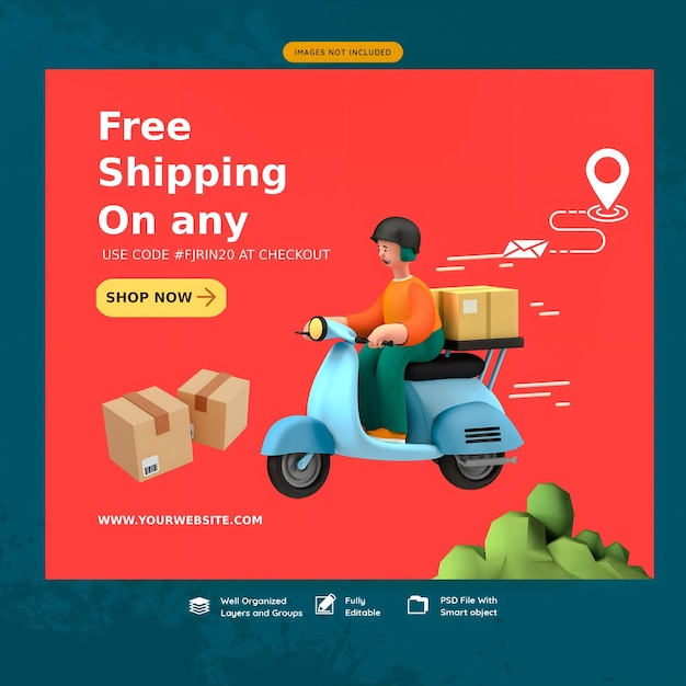 man riding scooter in free shipping banner