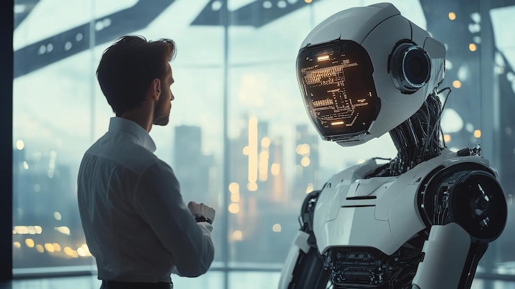 PSD man and robot converse near a city window