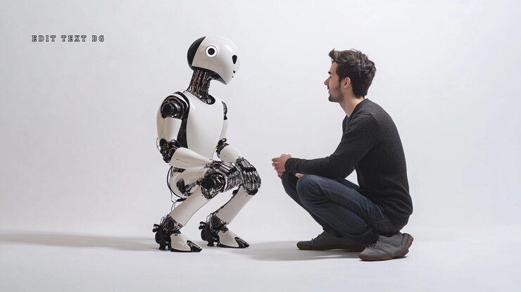 PSD man and robot in a crouched position facing each other