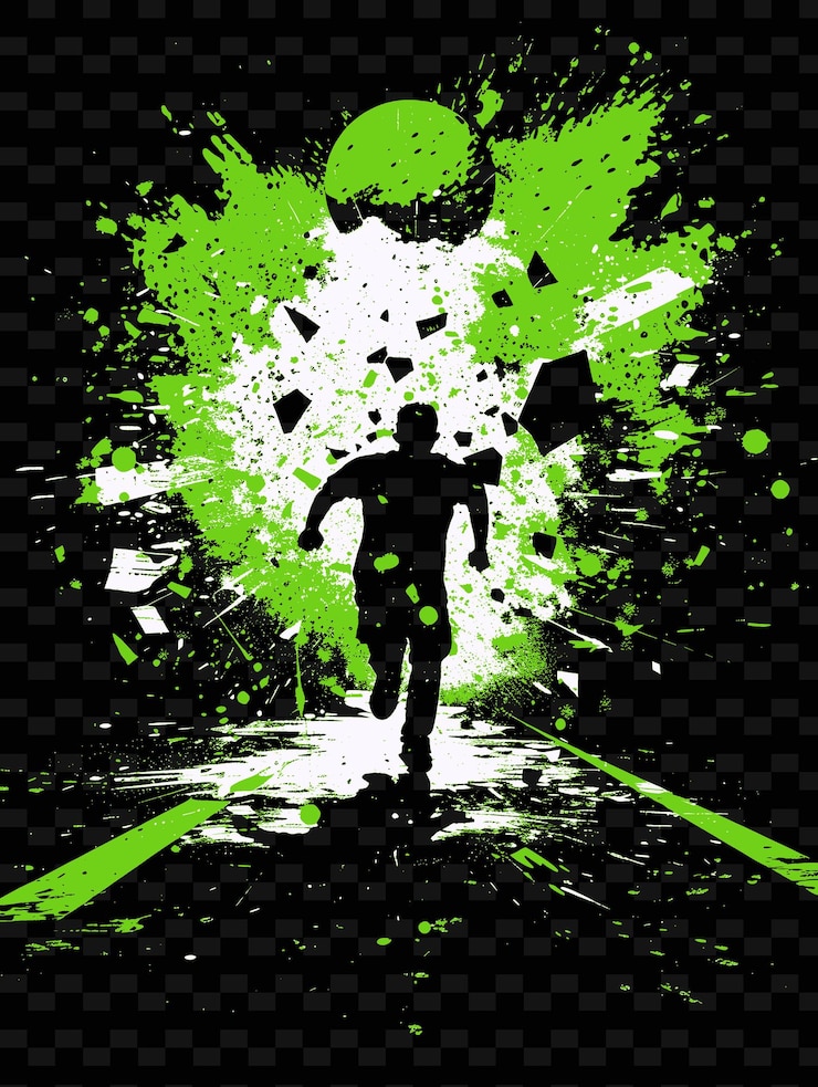 PSD man running away from an explosion with debris flying around png poster background designs