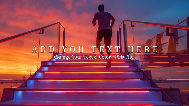 PSD man running up illuminated stairs during sunset