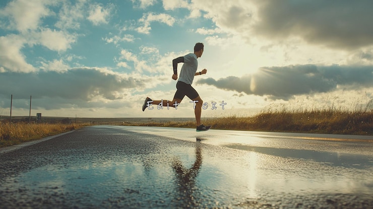 PSD man running on wet road at sunset