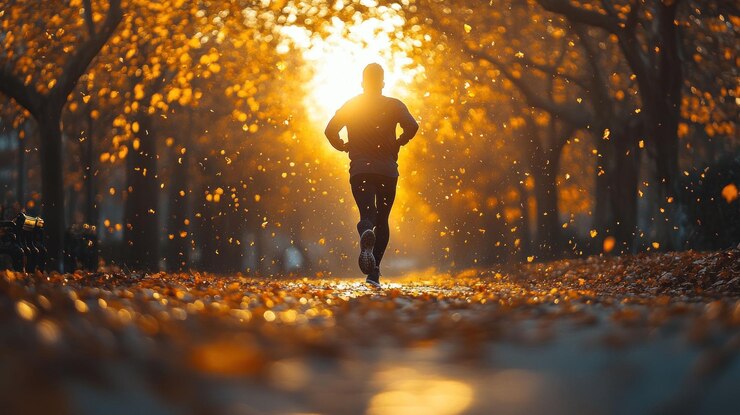 PSD a man runs through a path in a park with autumn leaves falling around him the sun shining through the trees behind him