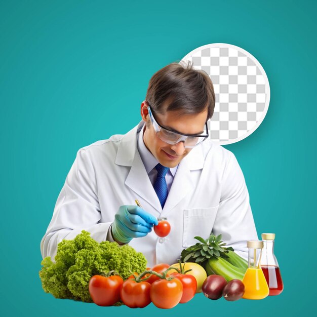 Man science working on the microscope in the laboratory with vegetables