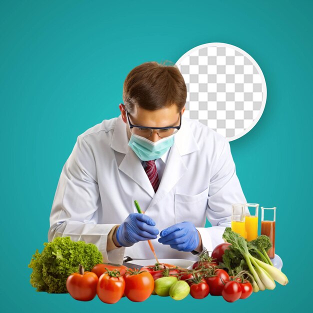 Man science working on the microscope in the laboratory with vegetables