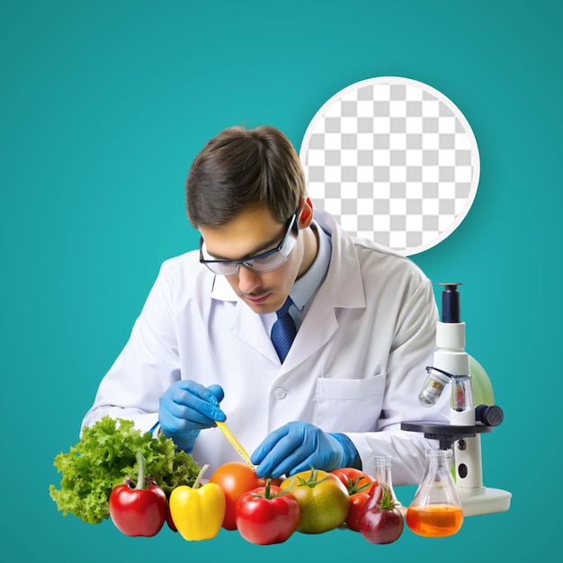 Uomo scientifico che lavora al microscopio in laboratorio con le verdure