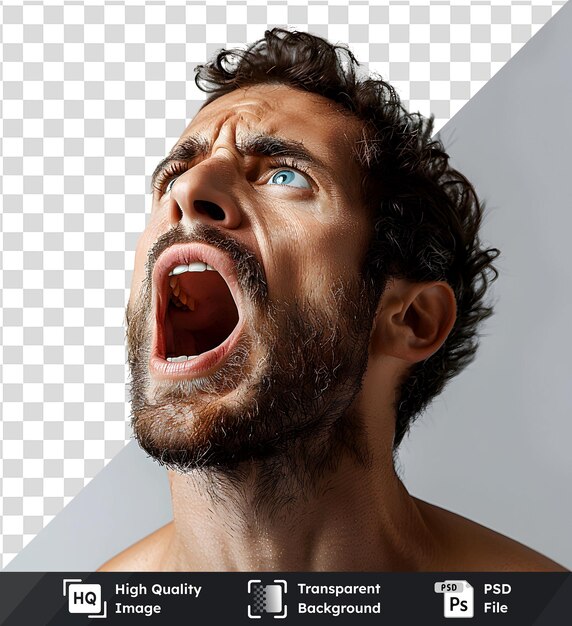 Man Screaming Upward Transparent Image of Open Mouth Intense Facial Expression Showing Teeth and