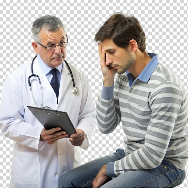 PSD man sharing her troubles and gesturing with doctor isolated on transparent background