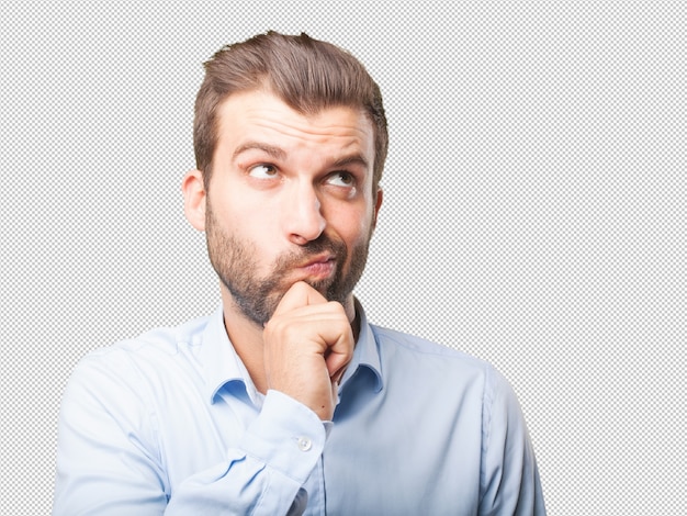 man in shirt thinking