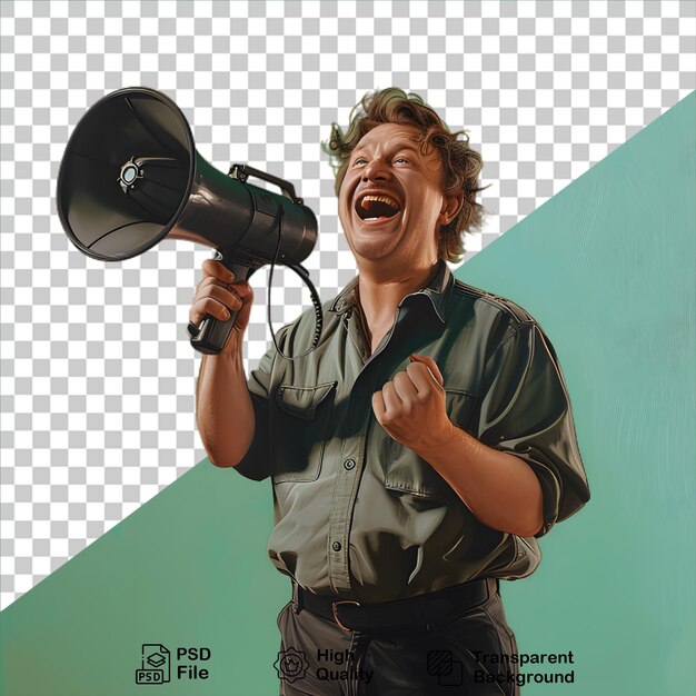 PSD man shouting through a megaphone isolated on transparent background include png file