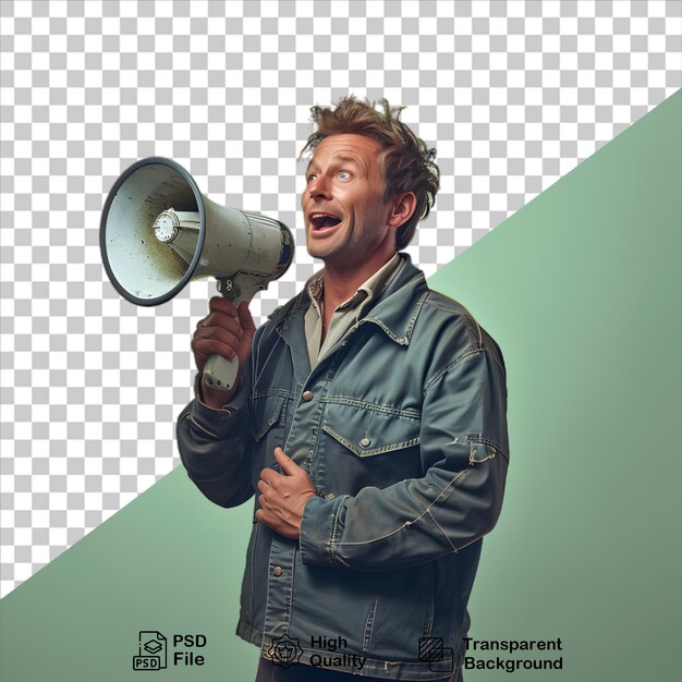 PSD man shouting through a megaphone isolated on transparent background include png file