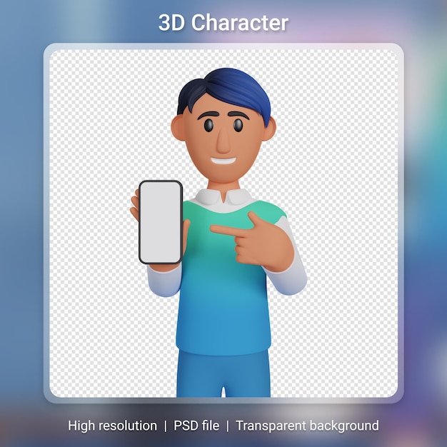 Man showing screen of phone 3d illustration