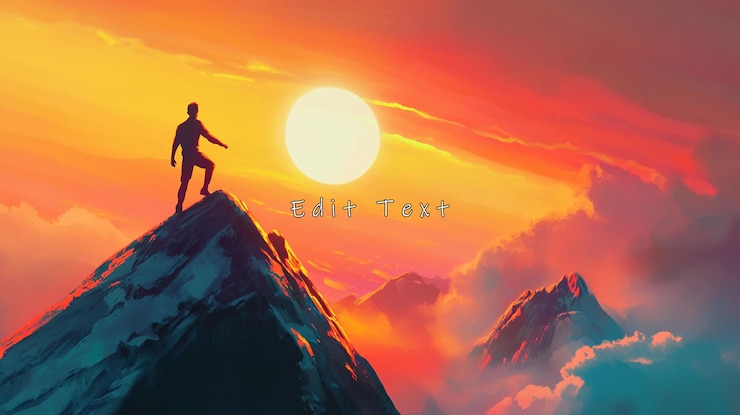 PSD man silhouetted on mountain peak at sunset