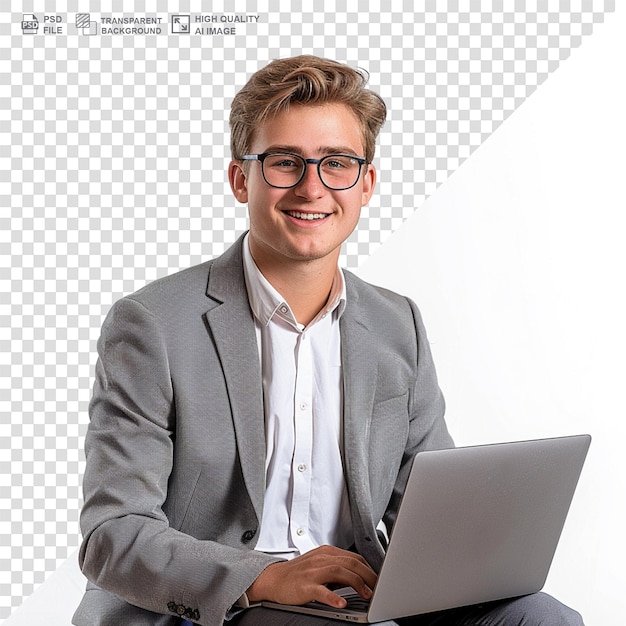 PSD a man sits on a bench with a laptop