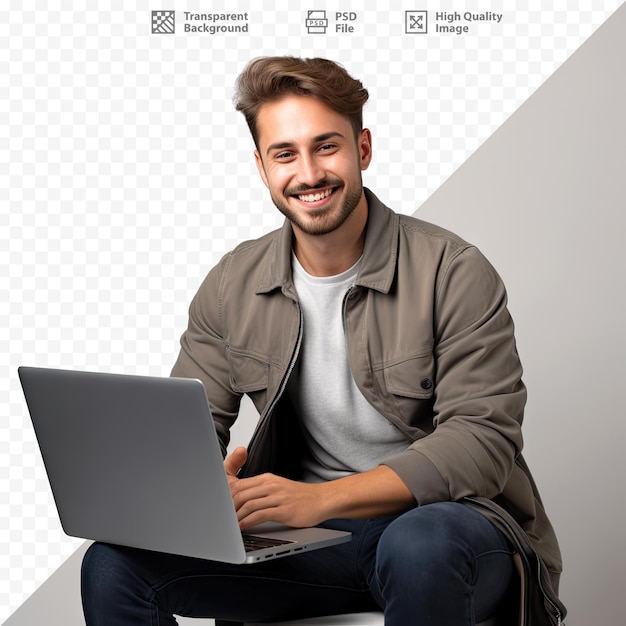 PSD a man sits on a chair with a laptop in front of it