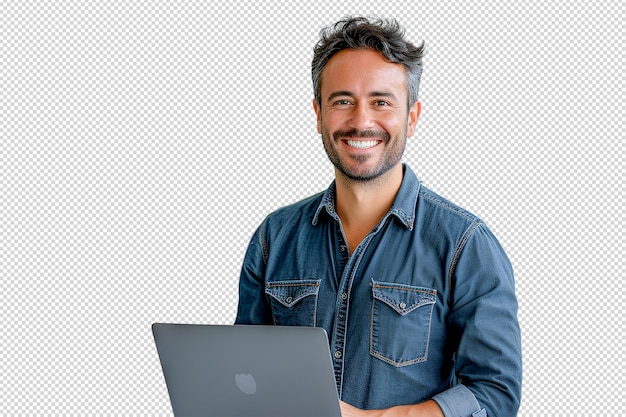 A man sits on a chair with a laptop