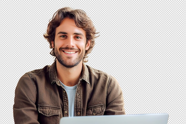 A man sits on a chair with a laptop