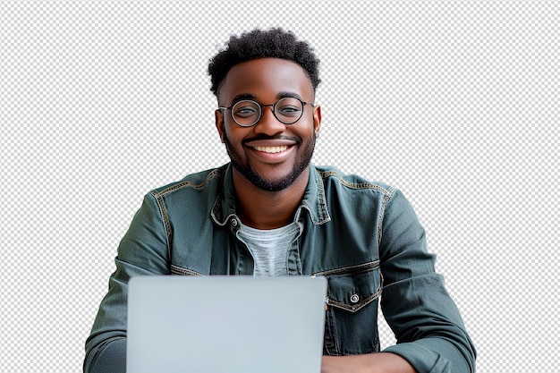 A man sits on a chair with a laptop