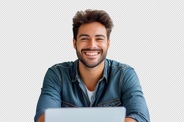 PSD a man sits on a chair with a laptop