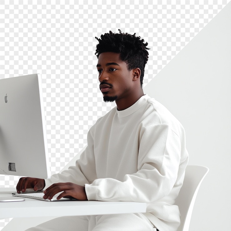 PSD a man sits at a computer with a laptop on his lap