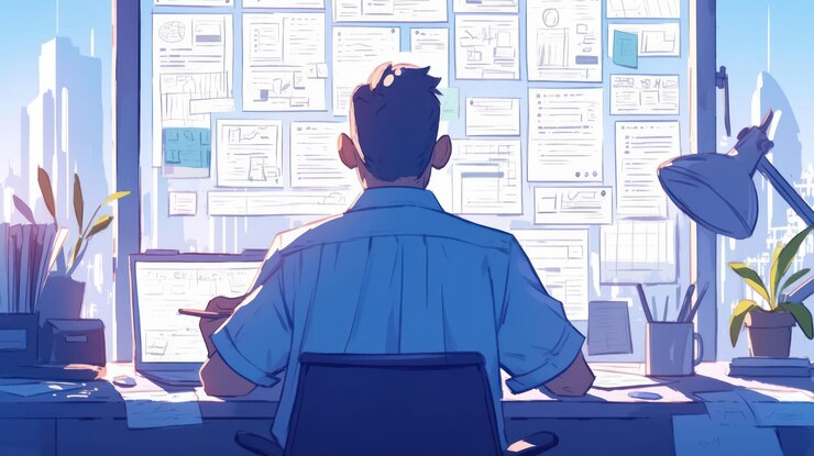 PSD a man sits at a desk in front of a window covered in notes looking at a computer screen