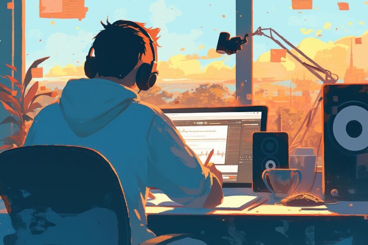 PSD a man sits at a desk with a computer headphones and a microphone working on a project in front of a window with a view of a cityscape