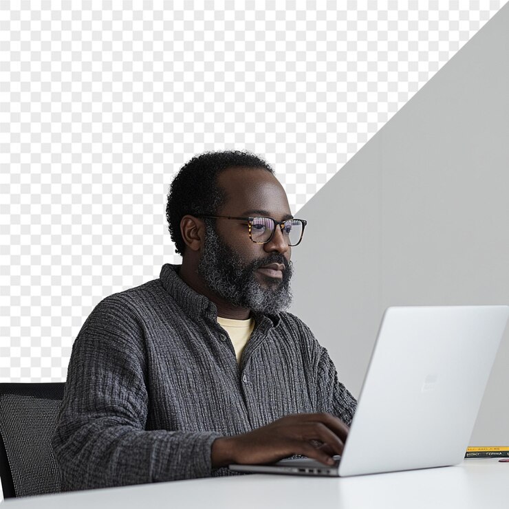 PSD a man sits at a desk with a laptop and a logo on it