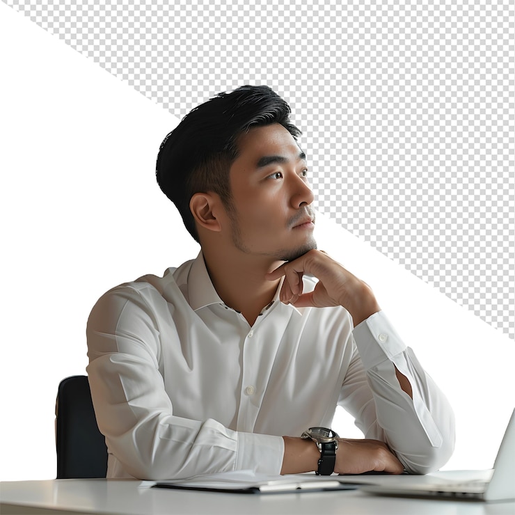 PSD 一个男人坐在桌子旁边,桌上有一台笔记本电脑,上面有一张男人照片