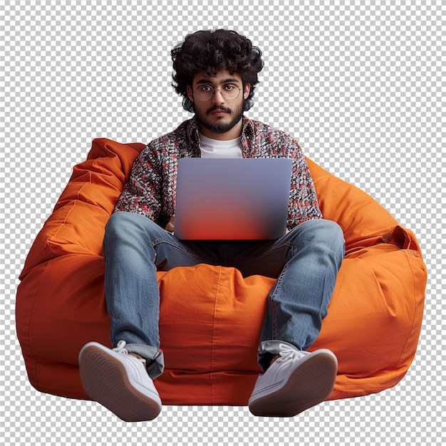 PSD a man sits on an orange bean bag chair with a laptop on his lap