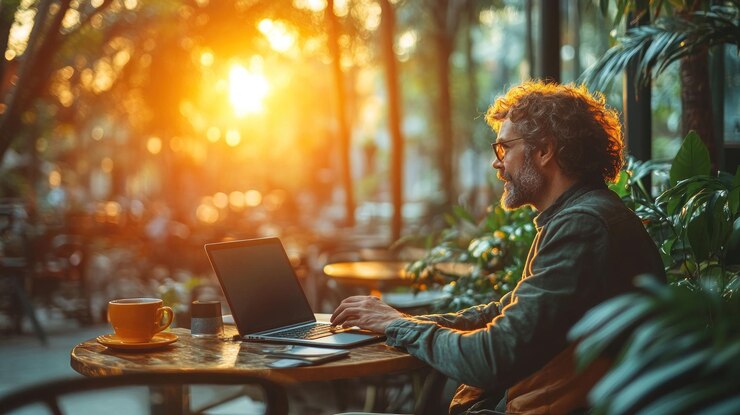 PSD a man sits at a table in an outdoor cafe working on his laptop with a cup of coffee in front of him the sun is setting in the background casting a warm glow on the scene