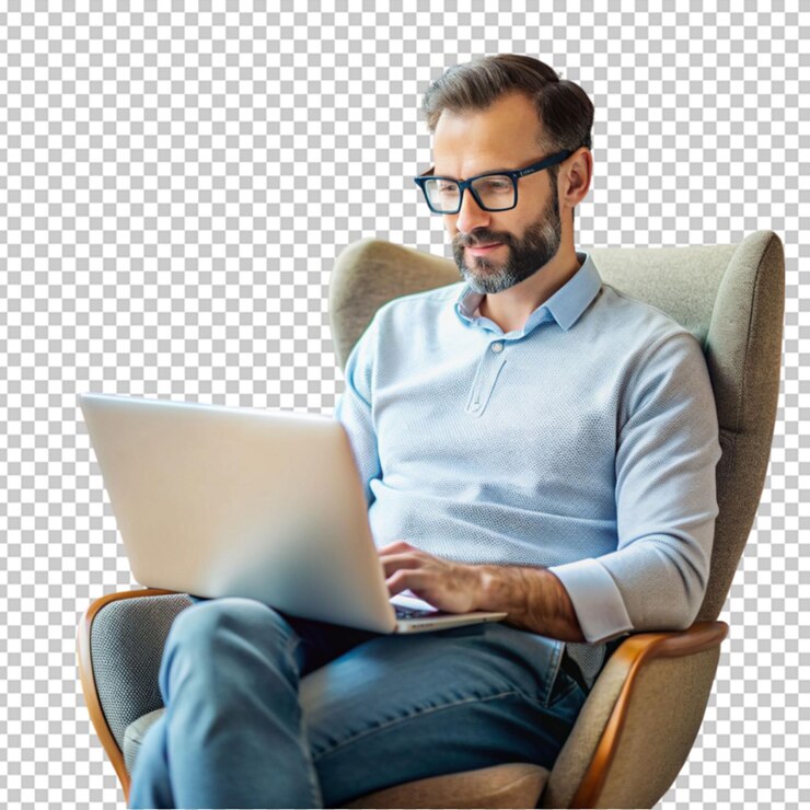 PSD man sitting at chair with laptop wearing glasses