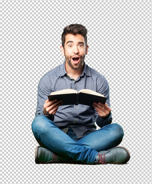 PSD man sitting on the floor holding a book