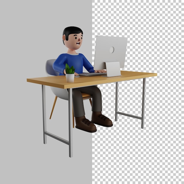 L'uomo seduto davanti al computer l'uomo lavora su un computer portatile freelancer 3d rende il personaggio 3d