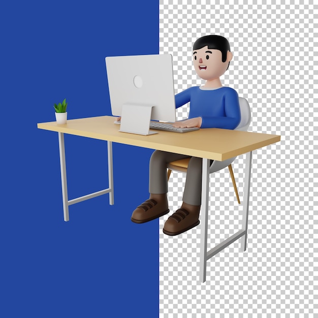 Man sitting in front of computer man work on a laptop freelancer 3d render 3d character
