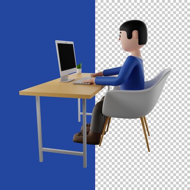 Man sitting in front of computer man work on a laptop freelancer 3d render 3d character