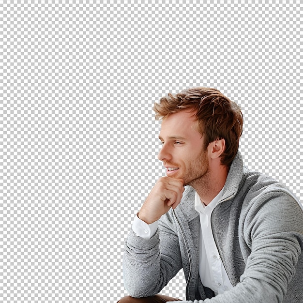 PSD a man sitting in front of a white background with a man in a grey jacket