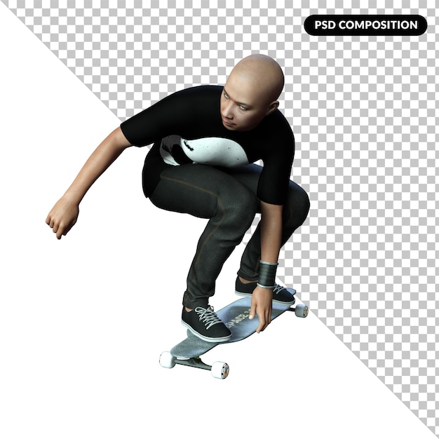 PSD un uomo su uno skateboard ha isolato il rendering 3d