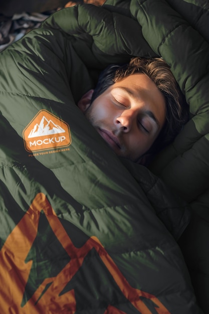 Man in sleeping bag mockup