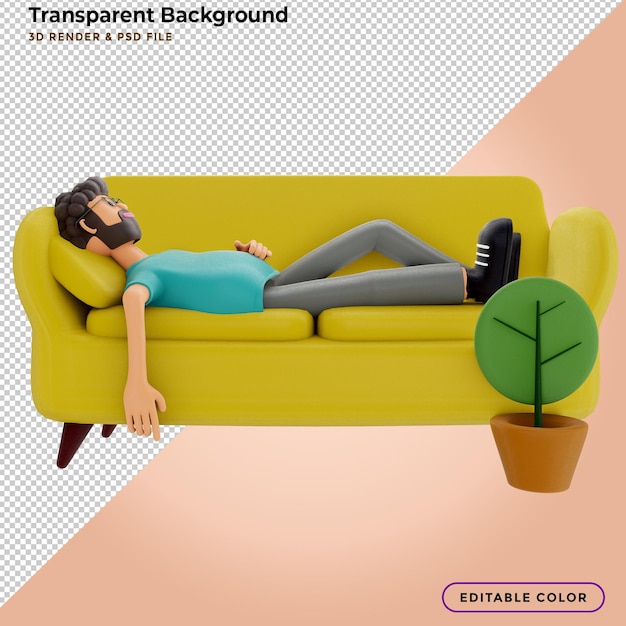 PSD man sleeping on a yellow sofa. 3d illustration.