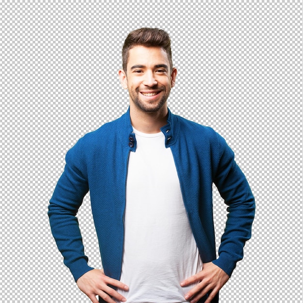 man smiling with hands on hips