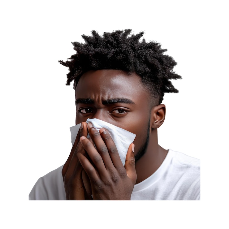 PSD man sneezing into a tissue showing symptoms of cold or flu