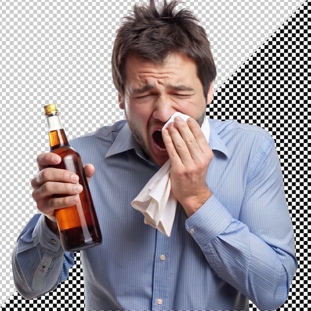 Man sneezing with bottle
