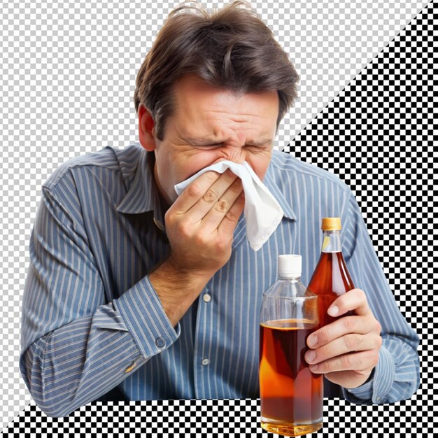 PSD man sneezing with bottle