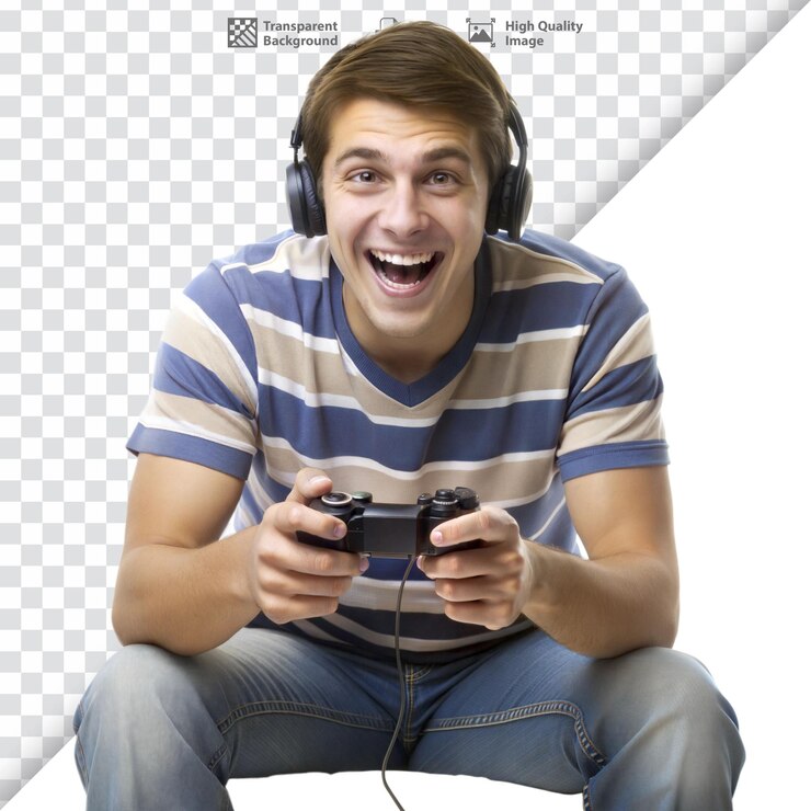 PSD man speelt videospel met een headset.