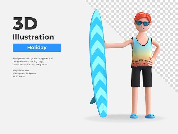 Man staande naast surfplank op strand 3D karakter illustratie