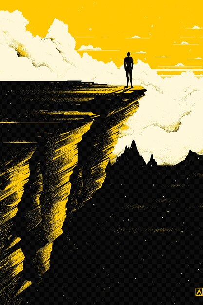 Man standing on a cliff overlooking a vast landscape mountai psd art design concept poster banner