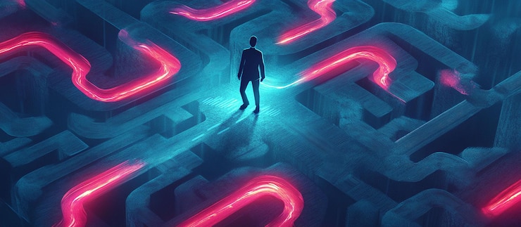 PSD man standing at a crossroads in a glowing neon maze