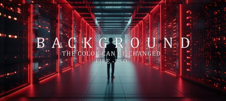 PSD a man standing in a server room with red lighting