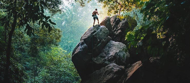 PSD man standing on top of a large rock surrounded by lush green trees sunlight shining through the branches