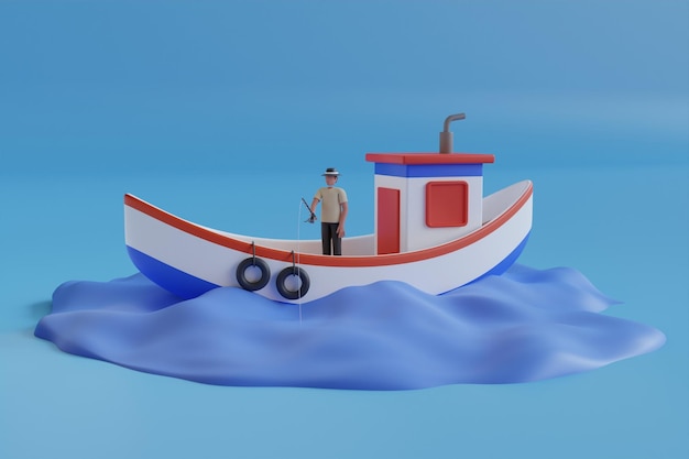 PSD a man stands on a boat in the ocean